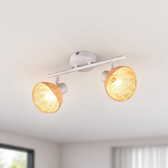 Plafoniera con 2 faretti orientabili moderna bianca con paralumi in rattan naturale