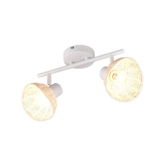 Plafoniera con 2 faretti orientabili moderna bianca con paralumi in rattan naturale