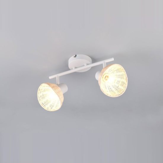Plafoniera con 2 faretti orientabili moderna bianca con paralumi in rattan naturale