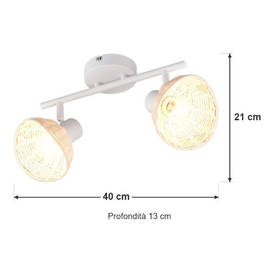 Plafoniera con 2 faretti orientabili moderna bianca con paralumi in rattan naturale