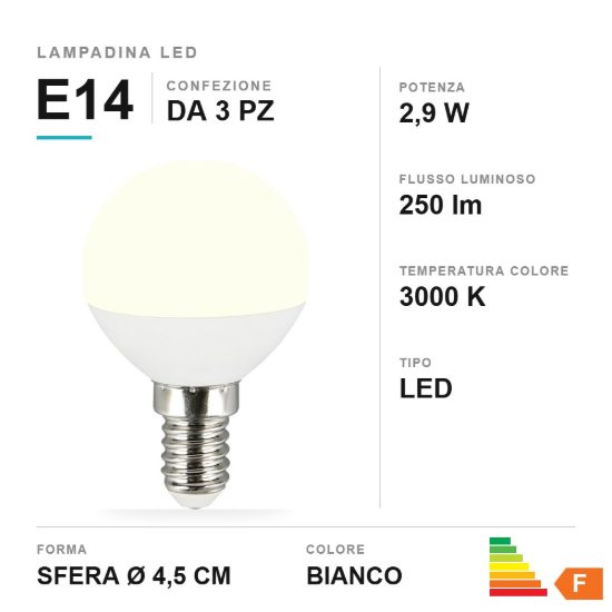 Lampadina led e14 a sfera 2,9w 3000k bianca confezione 3 pezzi