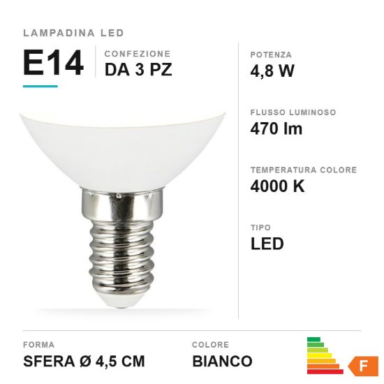 Lampadina led e14 a sfera 4,8w 4000k bianca confezione 3 pezzi