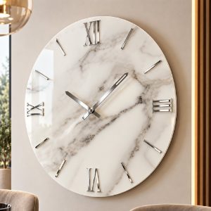 Grande orologio a parete moderno rotondo effetto marmorizzato dettagli argento 80cm