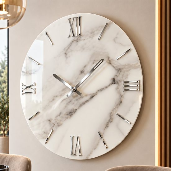 Grande orologio a parete moderno rotondo effetto marmorizzato dettagli argento 80cm
