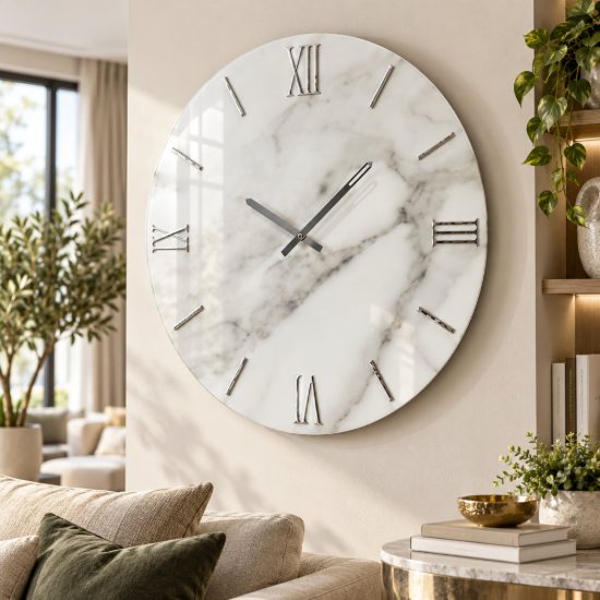 Grande orologio a parete moderno rotondo effetto marmorizzato dettagli argento 80cm