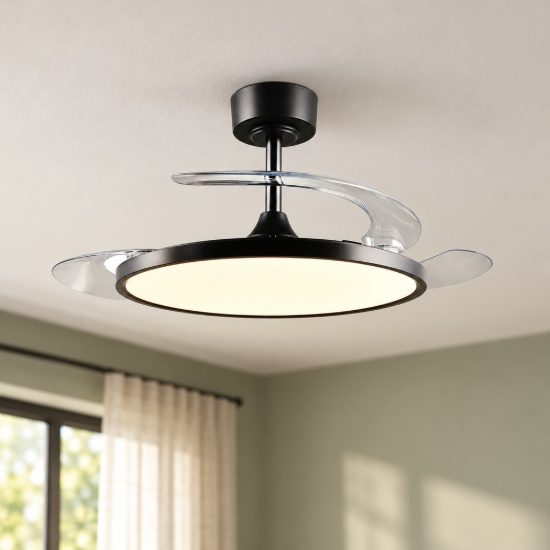 Ventilatore da soffitto con luce led 30w cct 2700k 6500k con telecomando nero con pale a scomparsa