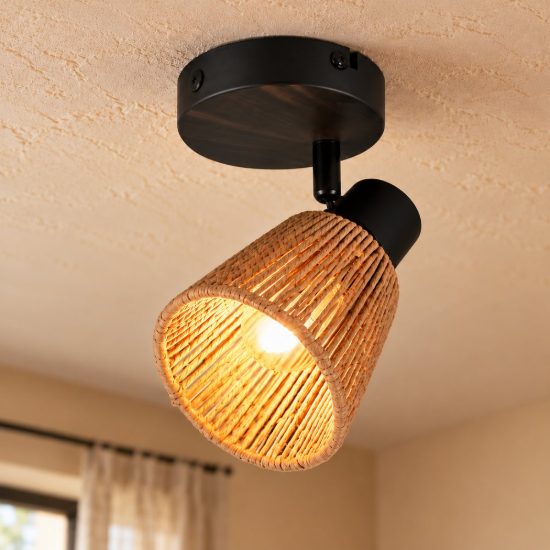 Faretto da soffitto per soggiorno orientabile nero con paralume conico in filato di carta naturale