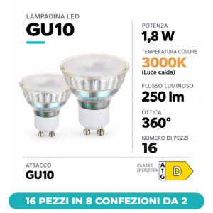 Eglo lampadine led gu10 1,8w 3000k a riflettore satinate 16 pezzi in 8 confezioni da 2