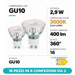 Eglo lampadine led gu10 2,9w 3000k a riflettore satinate 16 pezzi in 8 confezioni da 2