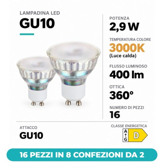 Eglo lampadine led gu10 2,9w 3000k a riflettore satinate 16 pezzi in 8 confezioni da 2
