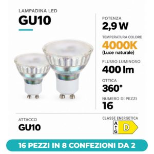 Eglo lampadine led gu10 2,9w 4000k a riflettore satinate 16 pezzi in 8 confezioni da 2