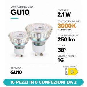 Eglo lampadine led gu10 2,1w 3000k a riflettore trasparenti 16 pezzi in 8 confezioni da 2