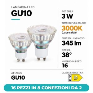 Eglo lampadine led gu10 3w 3000k a riflettore trasparenti 16 pezzi in 8 confezioni da 2