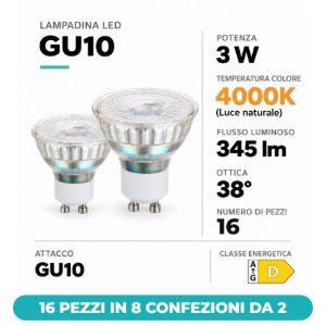 Eglo lampadine led gu10 3w 4000k a riflettore trasparenti 16 pezzi in 8 confezioni da 2