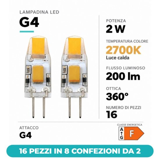 Eglo lampadine led g4 2w 2700k trasparenti dimmerabili 12v 16 pezzi in 8 confezioni da 2
