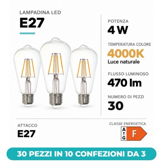 Eglo lampadine led e27 4w 4000k a oliva trasparenti 30 pezzi in 10 confezioni da 3
