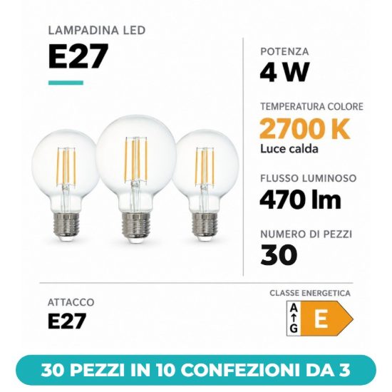 Eglo lampadine led e27 4w 2700k a globo trasparenti 30 pezzi in 10 confezioni da 3