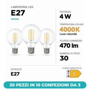 Eglo lampadine led e27 4w 4000k a globo trasparenti 30 pezzi in 10 confezioni da 3