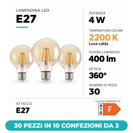 Eglo lampadine led e27 4w 2200k a globo ambrate 30 pezzi in 10 confezioni da 3