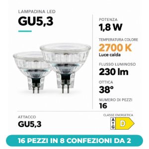 Eglo lampadine led gu5,3 mr16 1,8w 2700k a riflettore trasparenti 12v 16 pezzi in 8 confezioni da 2