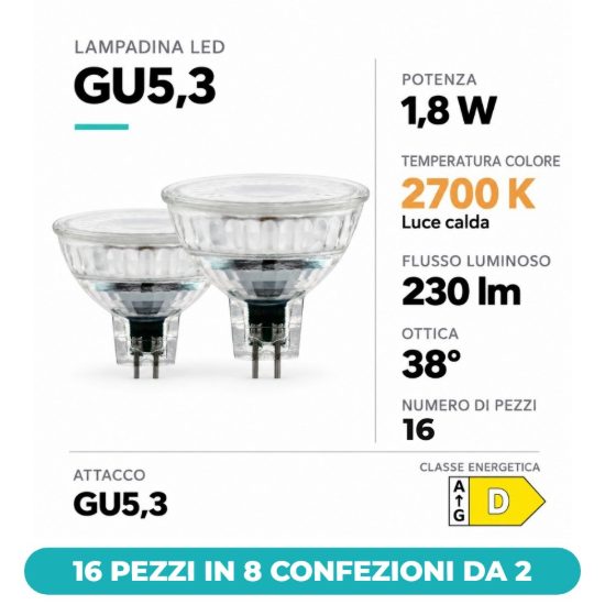 Eglo lampadine led gu5,3 mr16 1,8w 2700k a riflettore trasparenti 12v 16 pezzi in 8 confezioni da 2