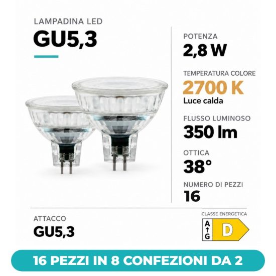 Eglo lampadine led gu5,3 mr16 2,8w 2700k a riflettore trasparenti 12v 16 pezzi in 8 confezioni da 2
