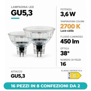 Eglo lampadine led gu5,3 mr16 3,6w 2700k a riflettore trasparenti 12v 16 pezzi in 8 confezioni da 2