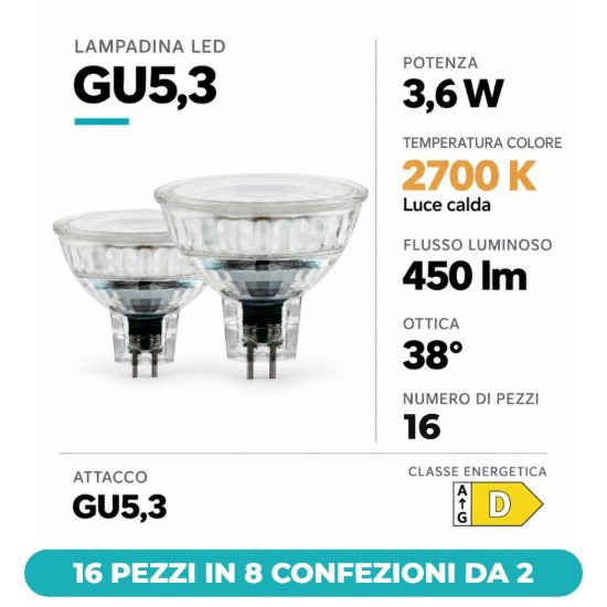 Eglo lampadine led gu5,3 mr16 3,6w 2700k a riflettore trasparenti 12v 16 pezzi in 8 confezioni da 2