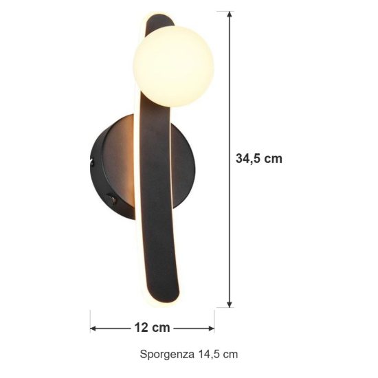 Applique per comodino camera da letto led 11w cct 2300k 3000k 4000k nera braccio curvo sfera in vetro