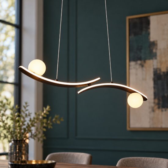 Lampadario per sala da pranzo led 27w cct 2300k 3000k 4000k nero con 2 bracci curvi 2 sfere in vetro
