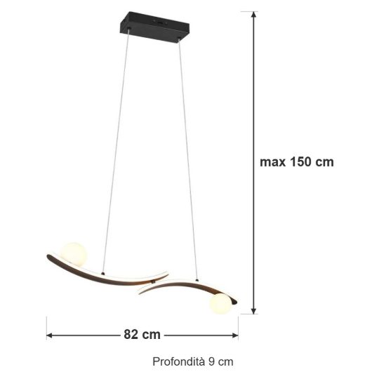 Lampadario per sala da pranzo led 27w cct 2300k 3000k 4000k nero con 2 bracci curvi 2 sfere in vetro