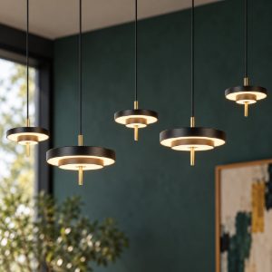 Lampadario 5 luci per soggiorno led 50w cct 2300k 3000k 4000k lineare nero caffe a dischi sovrapposti
