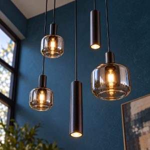 Lampadario a sospensione con 3 pendenti per soggiorno moderno nero con 5 diffusori vetri cromati
