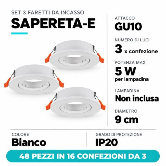 Eglo sapereta e faretto da incasso orientabile gu10 foro 7-8cm bianco 48 pezzi in 16 confezioni da 3