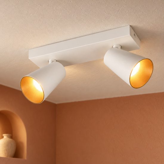 Plafoniera con 2 faretti orientabili moderna bianca con anelli interni intercambiabili bianchi o oro