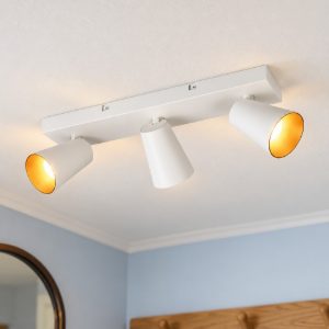 Plafoniera con 3 faretti orientabili moderna bianca con anelli interni intercambiabili bianchi o oro