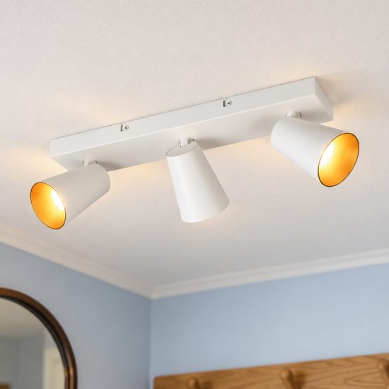 Plafoniera con 3 faretti orientabili moderna bianca con anelli interni intercambiabili bianchi o oro