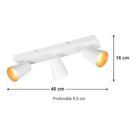 Plafoniera con 3 faretti orientabili moderna bianca con anelli interni intercambiabili bianchi o oro