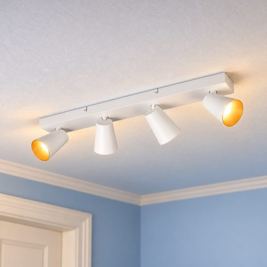 Plafoniera con 4 faretti orientabili moderna bianca con anelli interni intercambiabili bianchi o oro