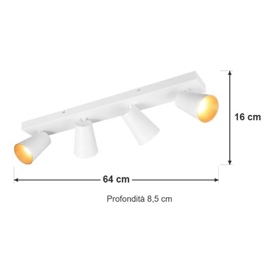 Plafoniera con 4 faretti orientabili moderna bianca con anelli interni intercambiabili bianchi o oro