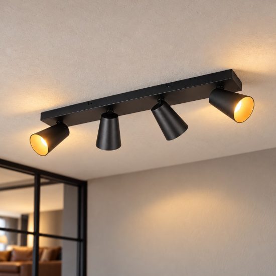 Plafoniera con 4 faretti orientabili moderna nera con anelli interni intercambiabili neri o oro