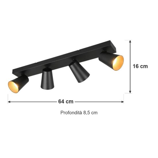 Plafoniera con 4 faretti orientabili moderna nera con anelli interni intercambiabili neri o oro