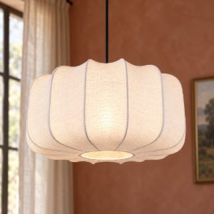 Lampadario a sospensione grande per sala da pranzo moderno nero con paralume in tessuto bianco
