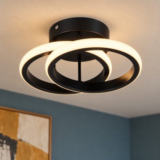 Plafoniera led 7w 3000k moderna nera con diffusore a doppio cerchio