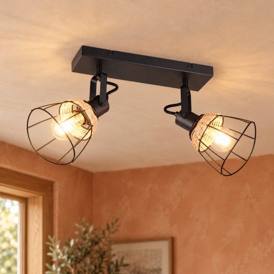 Plafoniera con 2 faretti moderna nera con paralumi a gabbia rattan naturale