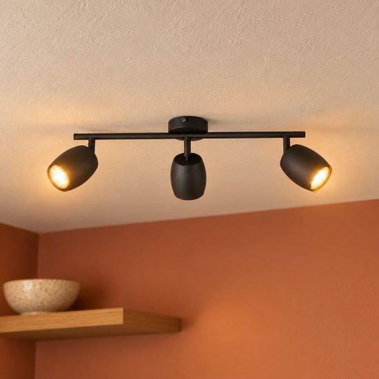 Plafoniera con 3 faretti orientabili moderna in metallo nero opaco