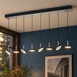 Lampadario con 8 pendenti per salotto led 64w cct 2300k 3000k 4000k rettangolare nero nichel opaco