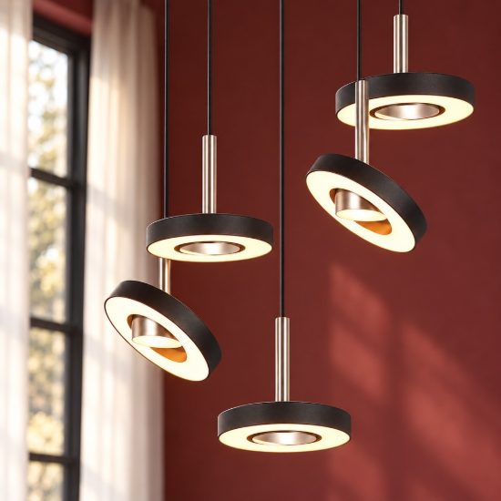 Lampadario con 5 pendenti per salotto led 40w cct 2300k 3000k 4000k rotondo nero nichel opaco