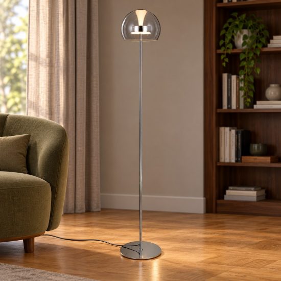 Piantana led 11w cct 2300k 3000k 4000k per soggiorno moderna cromo con vetro trasparente