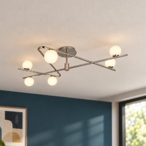 Plafoniera 6 luci per soggiorno moderna nichel opaco cromo con diffusori in vetro bianco